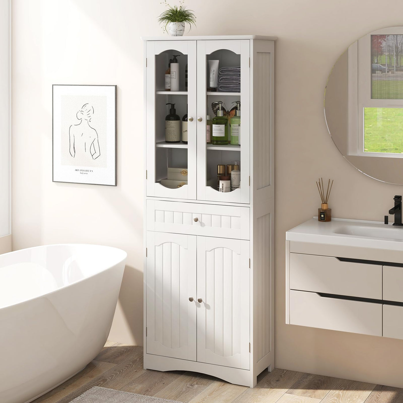 160 cm White Storage Cabinet with Glass Doors & Drawer
