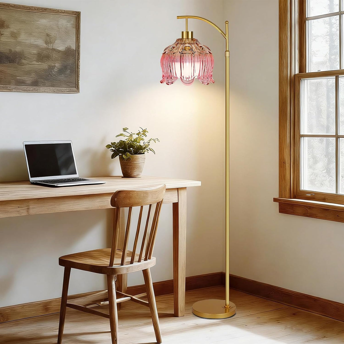 Gold Dimmable Floor Lamp with Pink Glass Shade