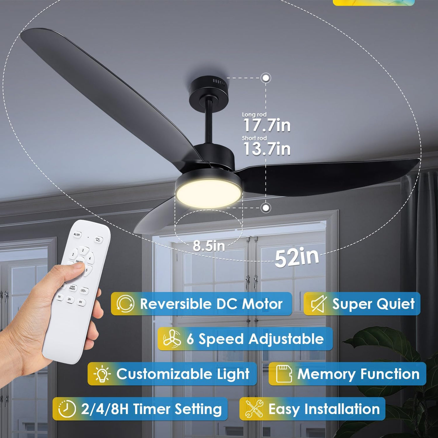 52 Inch Ceiling Fan with Light and Remote, Flush Mount Quiet Ceiling Fan with Dc Motor, Reversible Blades 6 Speeds 3 Colors Dimmable LED Ceiling Fan light for Living Room (220V-240V, 50Hz)