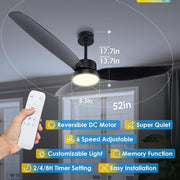 52 Inch Ceiling Fan with Light and Remote, Flush Mount Quiet Ceiling Fan with Dc Motor, Reversible Blades 6 Speeds 3 Colors Dimmable LED Ceiling Fan light for Living Room (220V-240V, 50Hz)