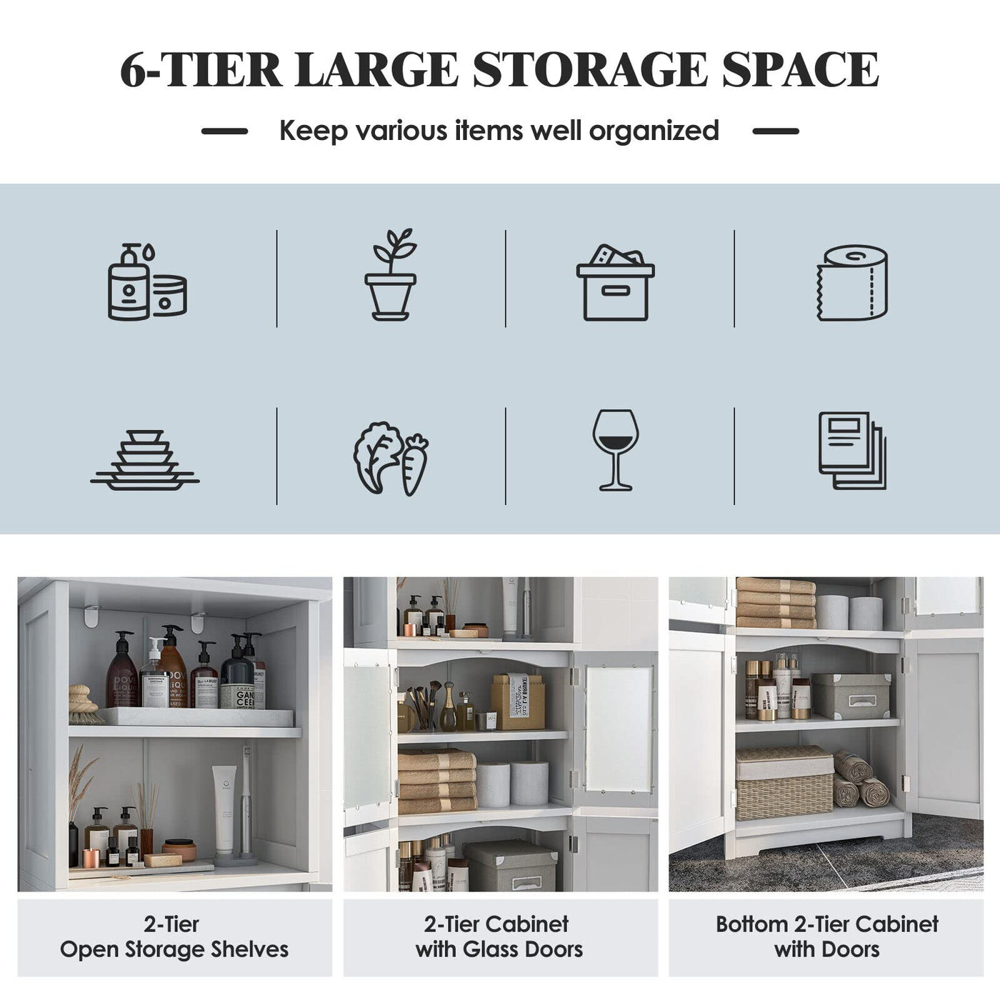 White Tall Pantry Cabinet with Glass Doors & Adjustable Shelves