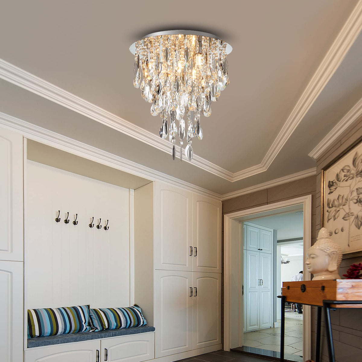 Luxury Modern Crystal Chandelier Ceiling Flush Mount Light Fixture for Bedroom Living Room Kitchen Corridor Stairwell Aisle Hallway, ￠35cm x H38cm, Chrome, 4-Lights, G9 Holder