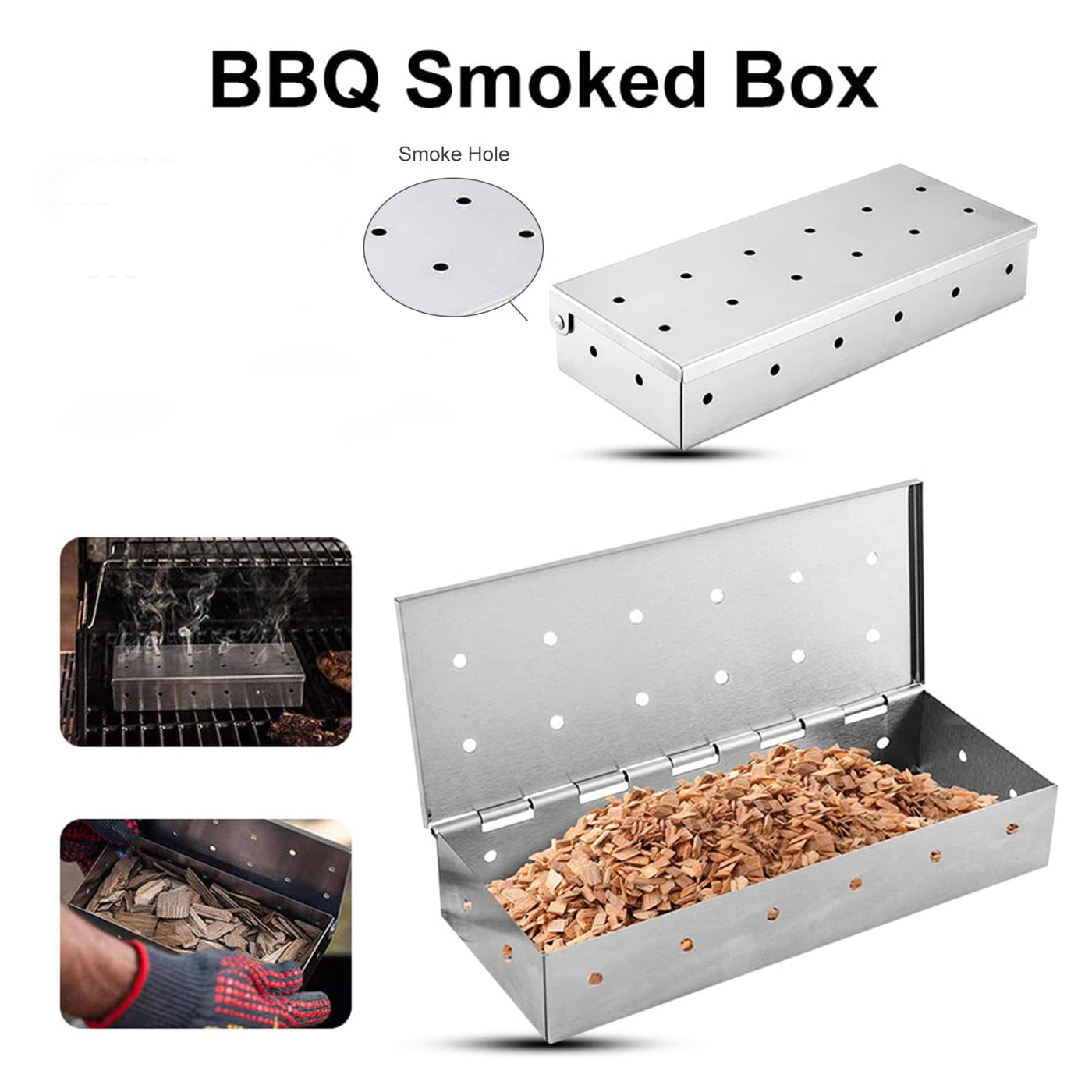 Stainless-Steel BBQ Smoker Box with Hinged Lid