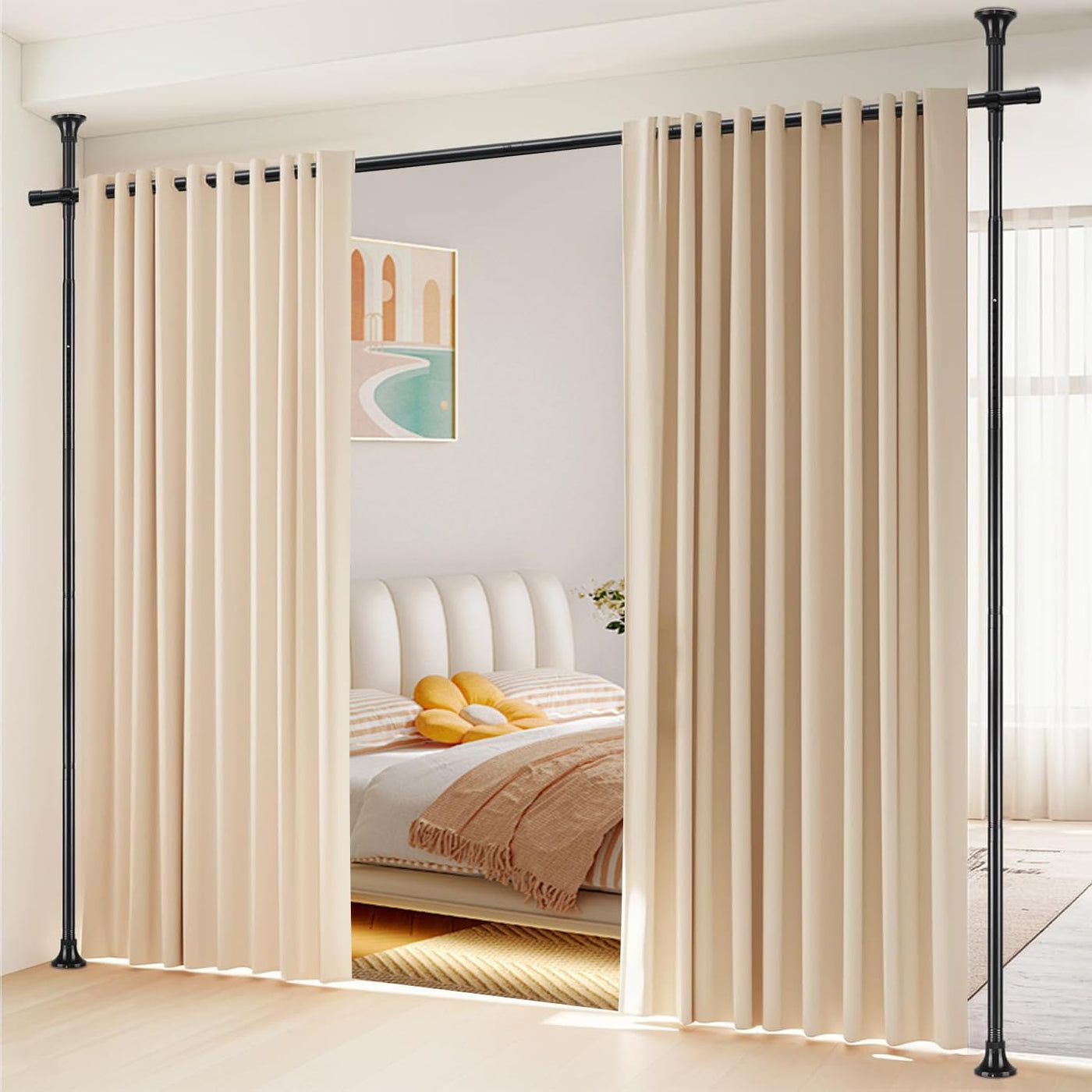 Tension Curtain Rod for Room Partition, No Drilling, 121-304cm(H) 71-434cm(W) | Floor to Ceiling Room Divider, Black, Strong Weight Capacity, Quick Assemble, Wall Divider for Bedroom Dorm Privacy