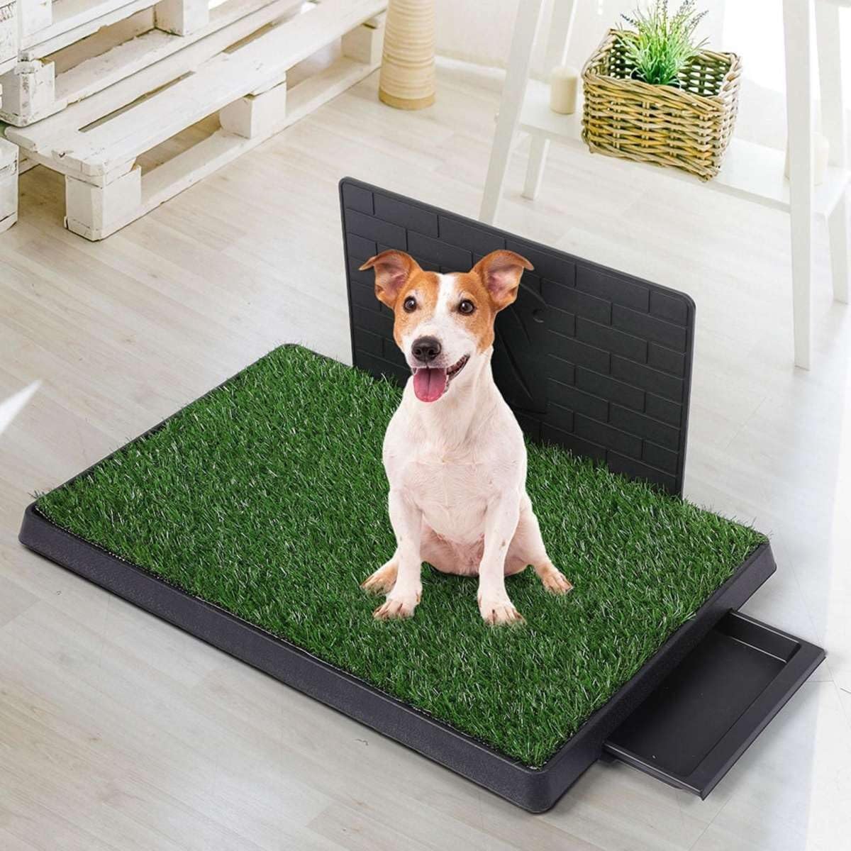 3-Layer Dog Toilet Tray with 2 Grass Mats & Splash Wall