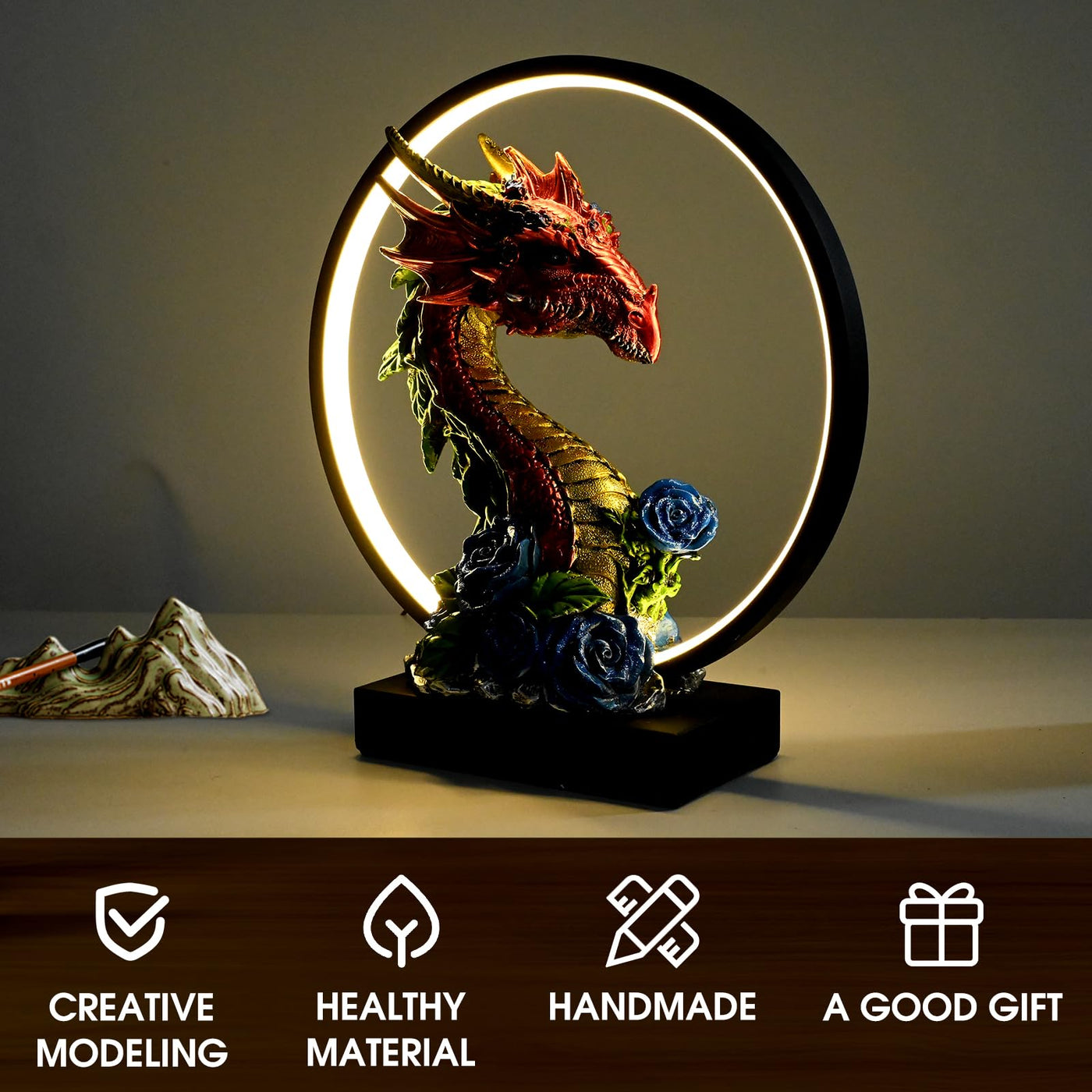 Hmusnwol-Dragon Figurines Lamp-Collectible Figurines-Dargon Statue - 13.18 inch LED Circle Table Lamp Figurine Dungeon and Dragons Gifts