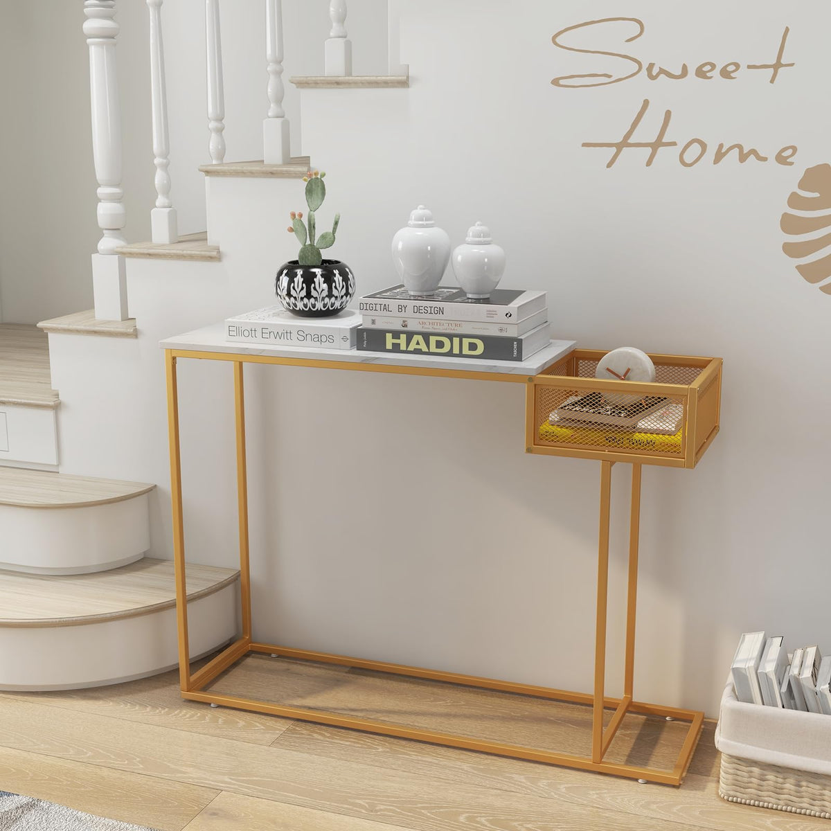 White Faux-Marble Console Table with Wire Basket