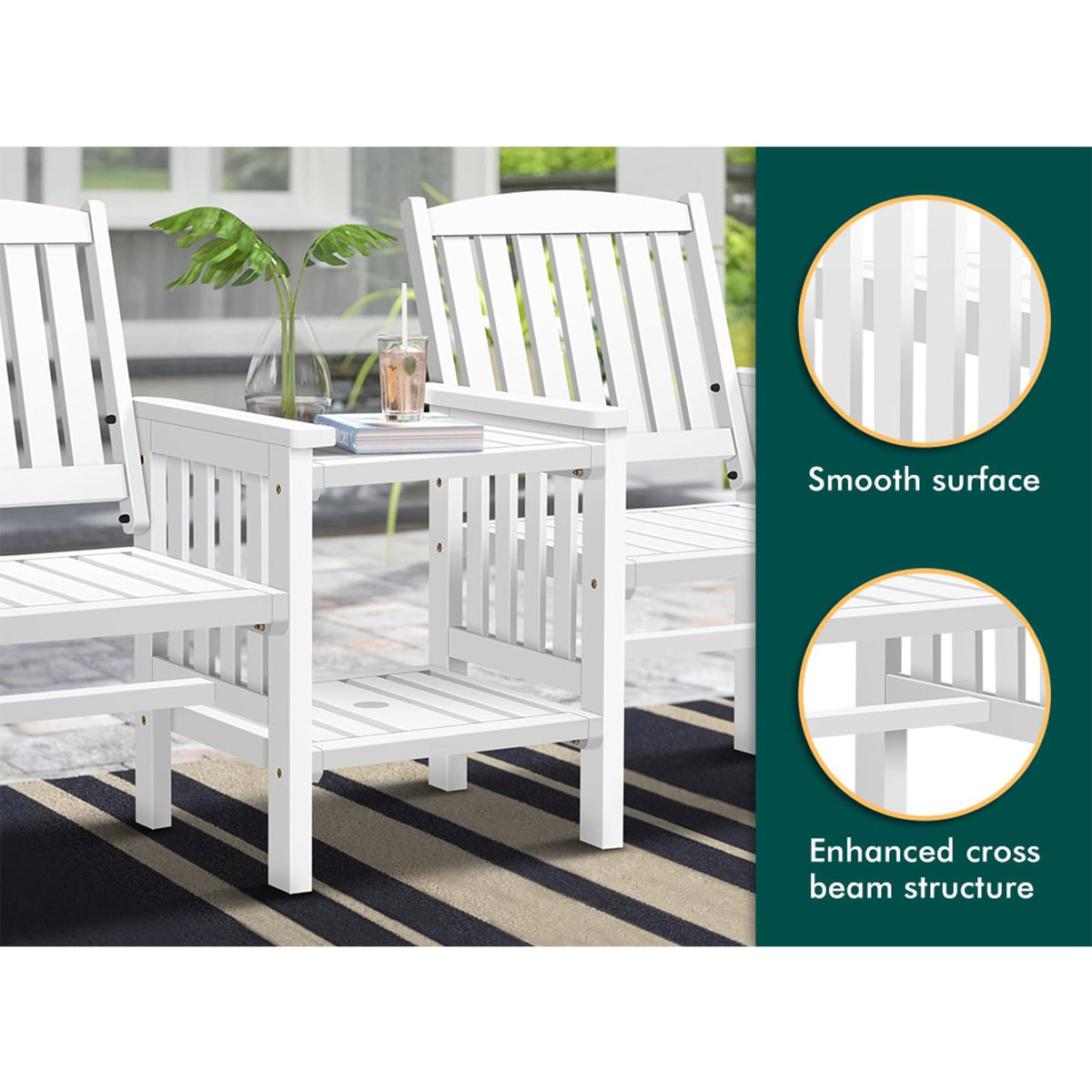 White Fir-Wood Twin Chair & Centre Table Set
