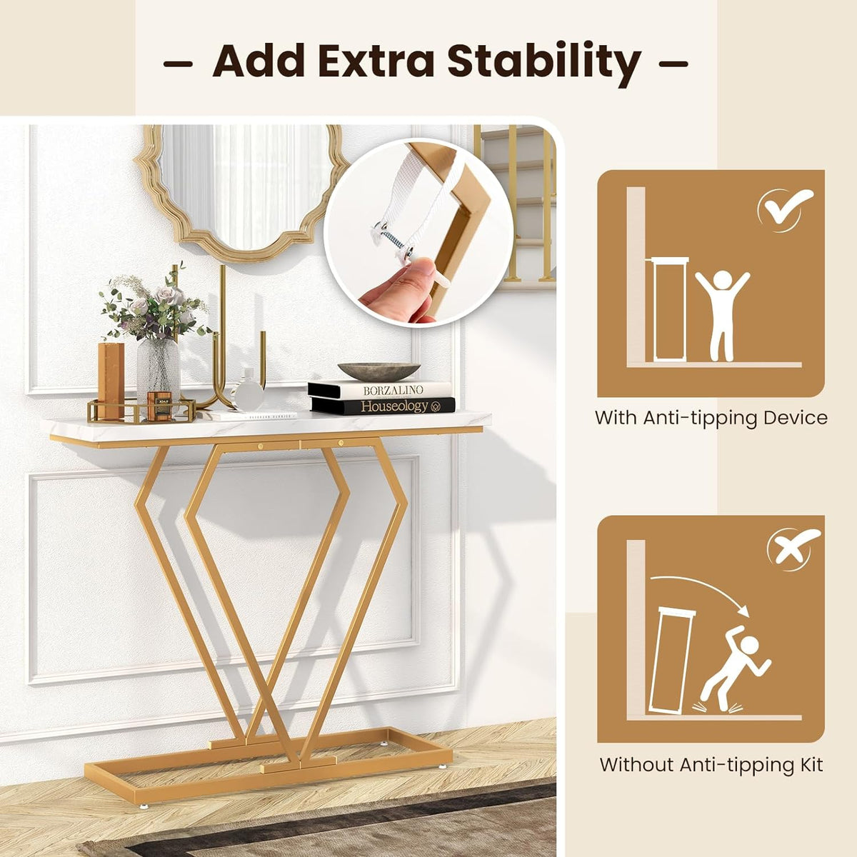 Modern Console Table, Faux Marble Narrow Entryway Table with Diamond Shape Geometric Frame, 100 cm Modern Accent Table with Anti-Tipping Device for Living Room Hallway Entrance, White & Gold