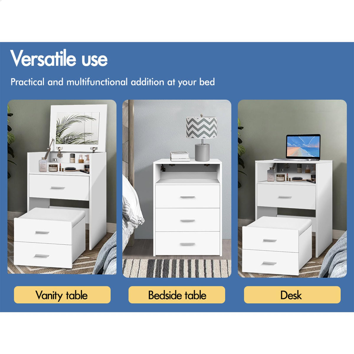 White Fold-Away Vanity Desk with Mirror, 3 Drawers & Hidden Stool
