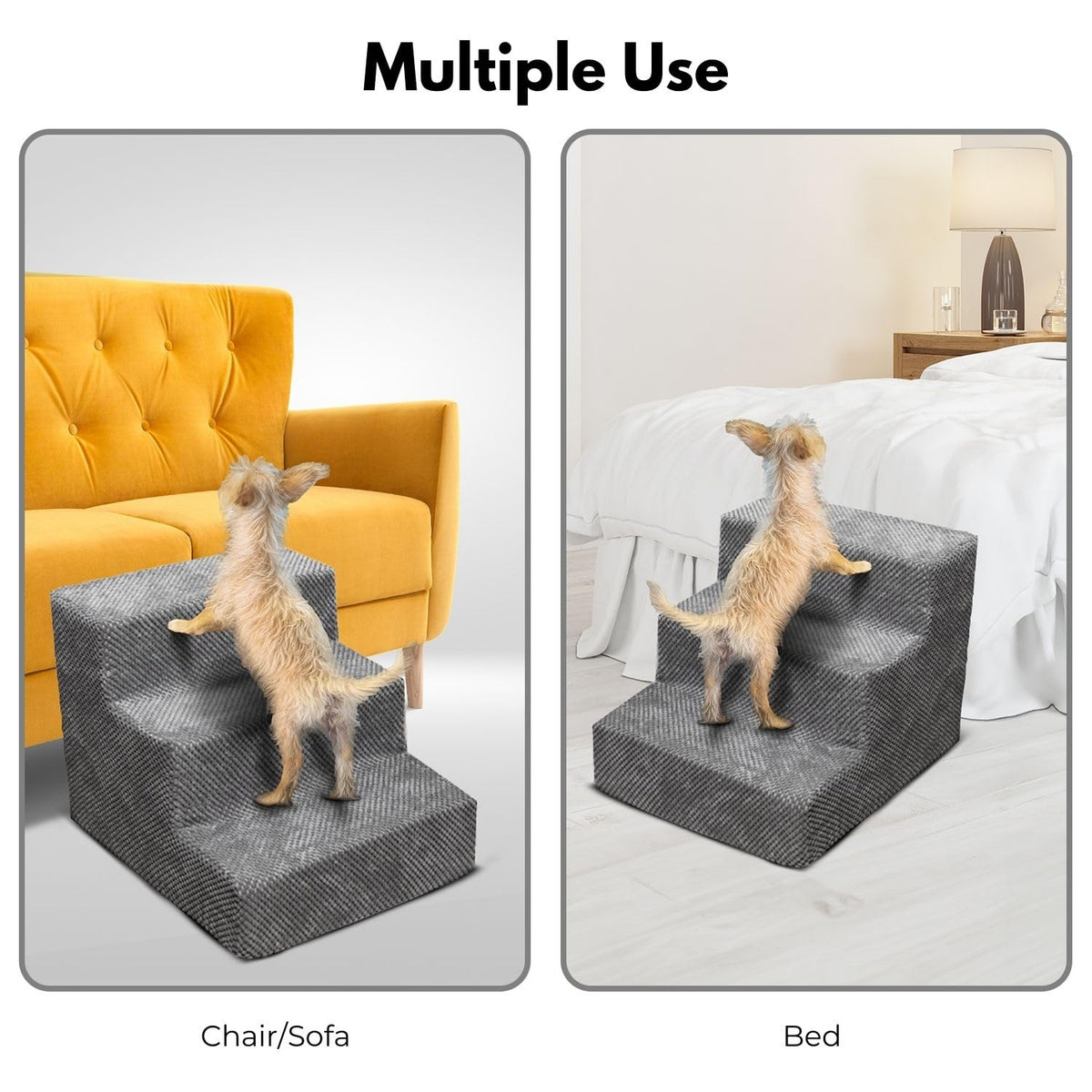 3-Step Grey Memory-Foam Pet Stairs with Washable Corduroy Cover