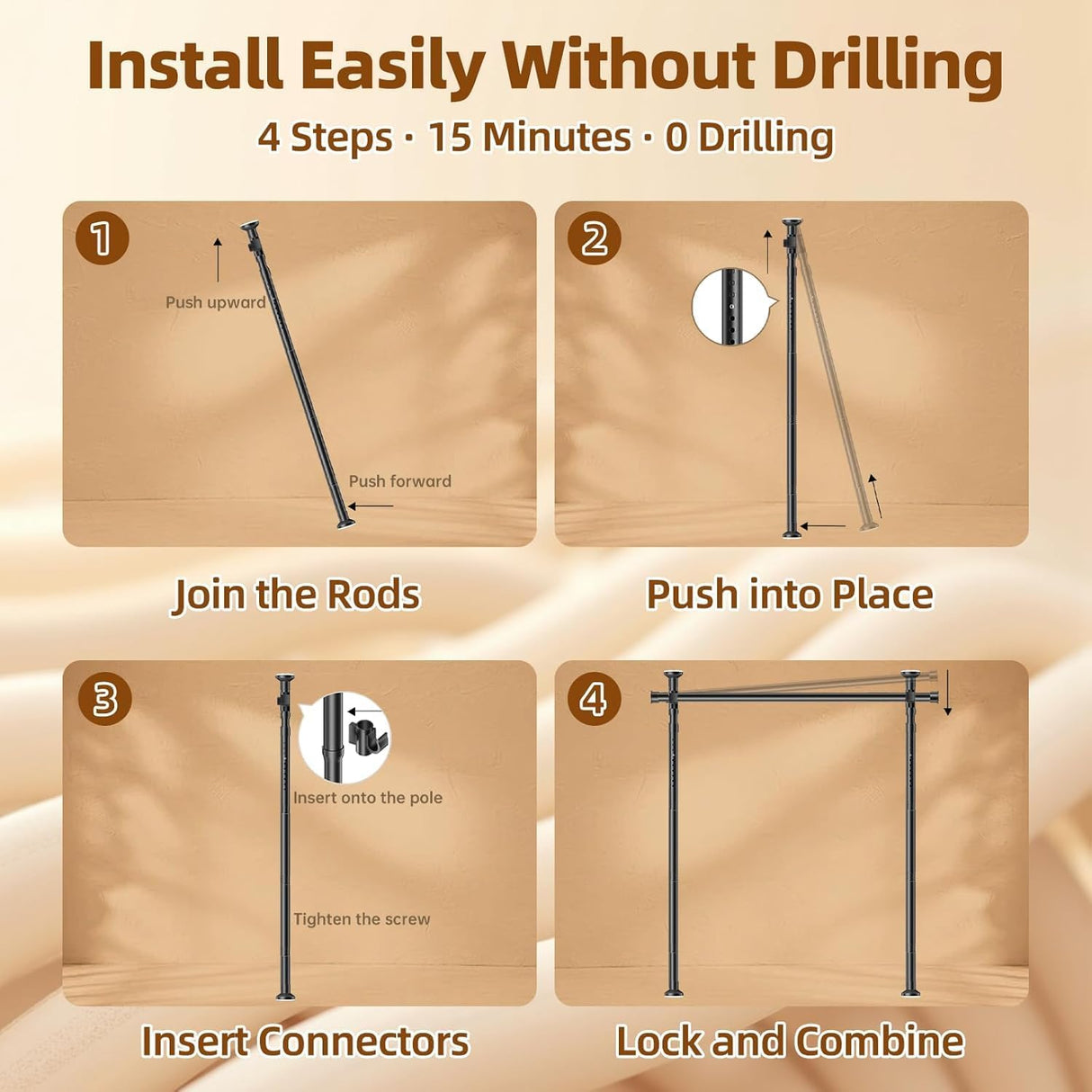 No-Drill Floor to Ceiling Room Divider, Adjustable Tension Rod Partition for Bedroom, Living Room or Studio (Black, Single Rod)