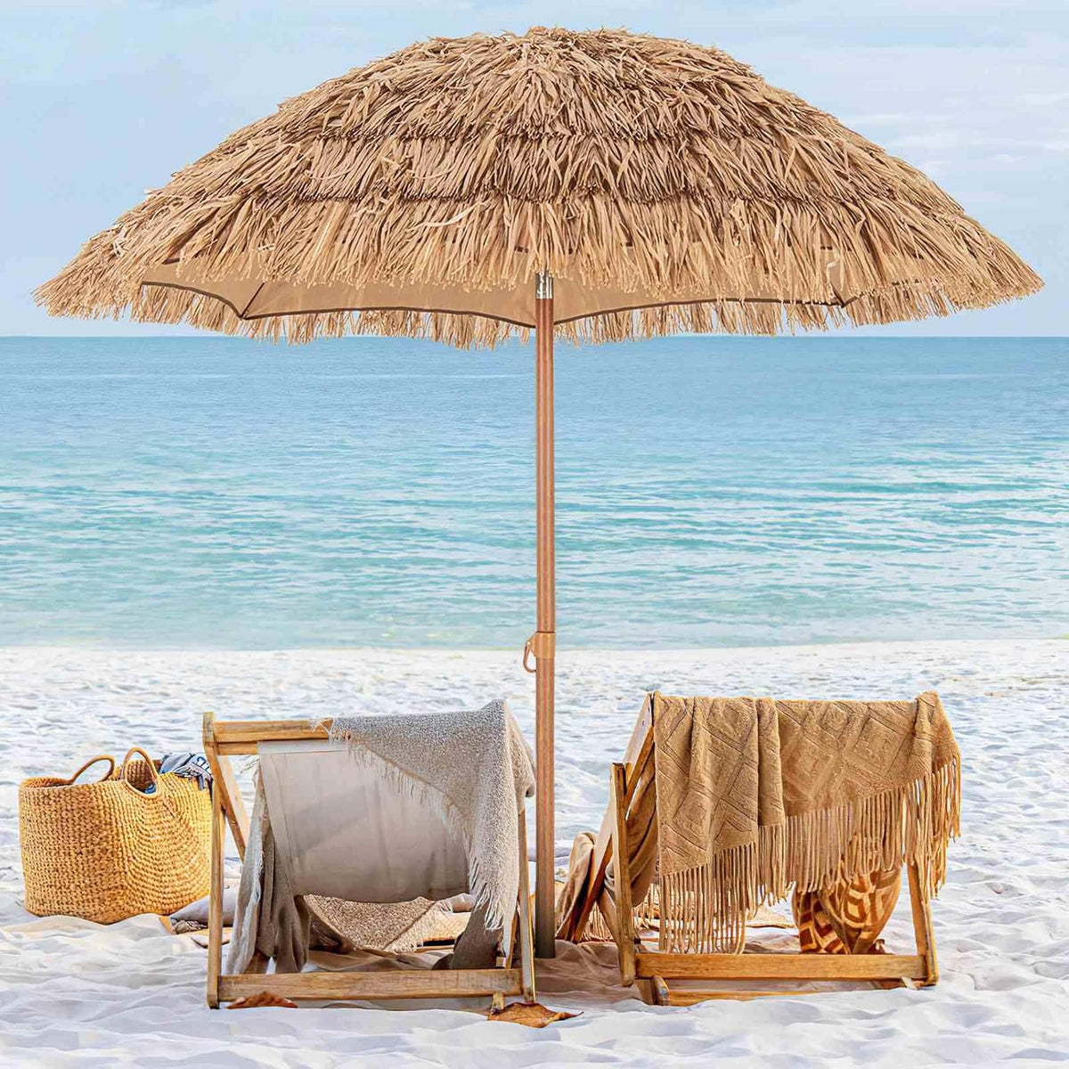 2 m Thatched Tiki Umbrella with Folding Stand & Carry Bag