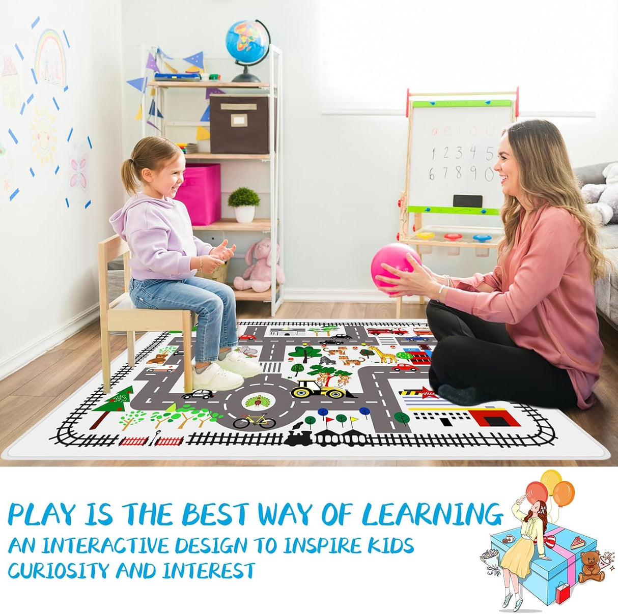 Play Mat Kids Rug Carpet Playmat Extra Large Learn Have Fun Safe Road Traffic System Multi Color Study Activity Centerpiece Play Mat for Playing with Cars for Bedroom Playroom
