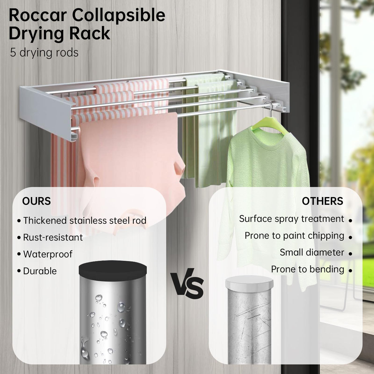 Roccar 80cm Folding Wall Drying Rack – 5 Aluminium Rods