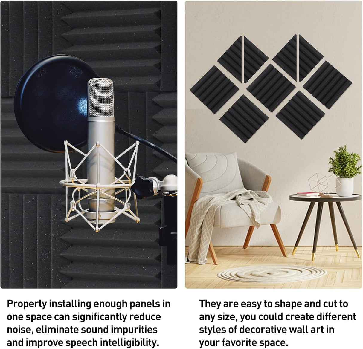 24 Pack Sound Proof Panels, Acoustic Foam Panels 12x12x2 inches Black Acoustic Panels, High Density Soundproofing Panels, Fire-retardant Sound Absorbing Foam for Studio Recording