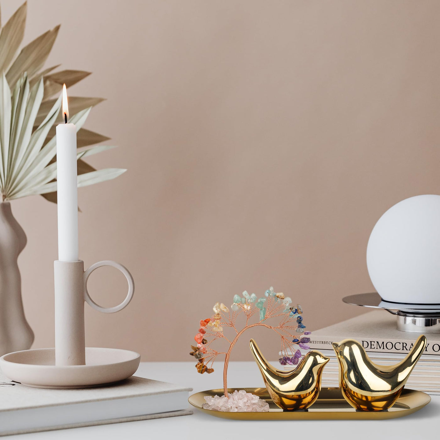 7-Stone Crystal Tree, Gold Bird & Tray Décor Set