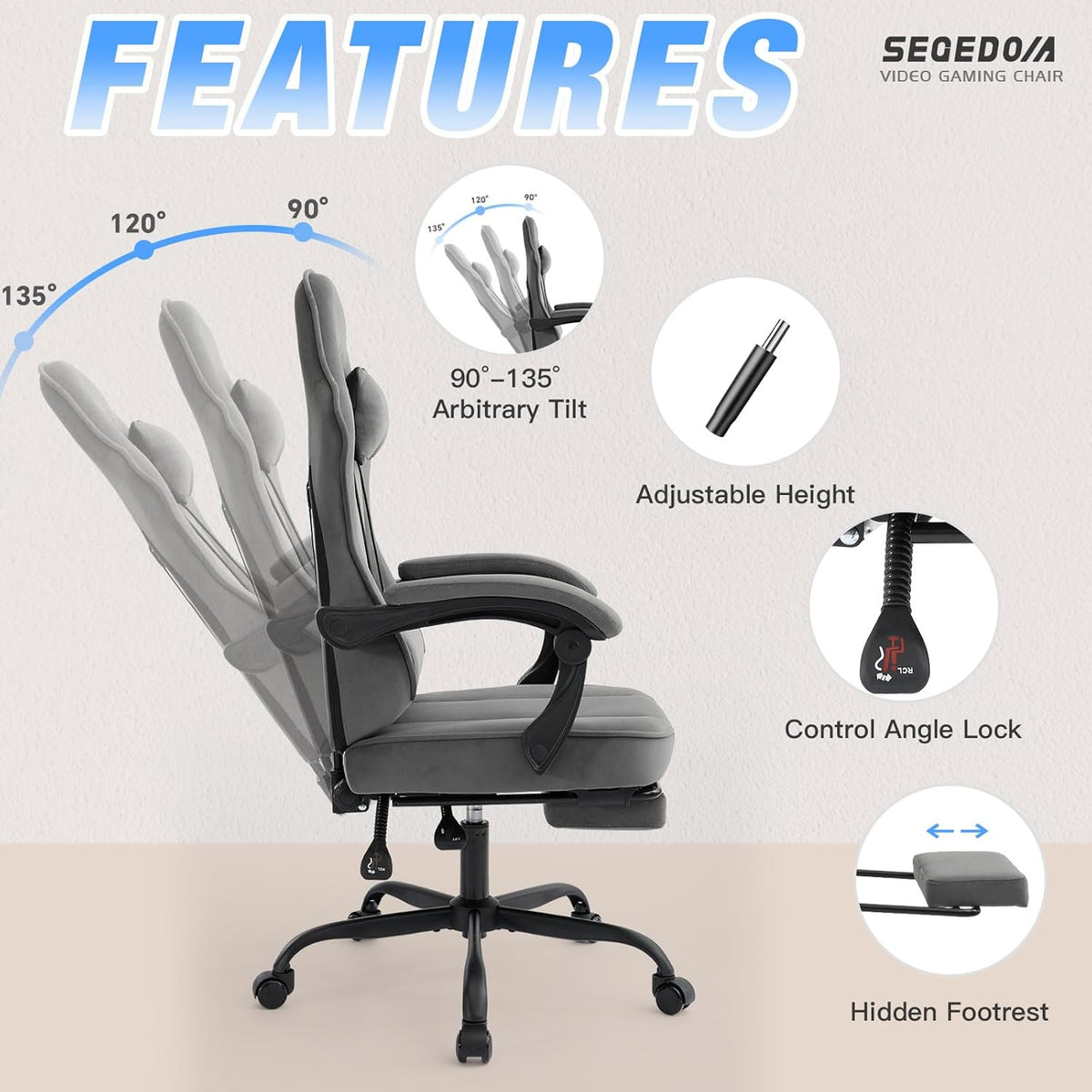 Gaming Chair Technology Fabric Computer Chair with Pocket Spring Cushion, Comfortable Ergonomic Gamer Chair for Adults, Massage Game Chair with Footrest,Reclining Chair, Home,Office,Teens,Grey