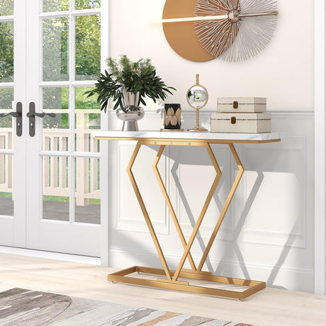 Modern Console Table, Faux Marble Narrow Entryway Table with Diamond Shape Geometric Frame, 100 cm Modern Accent Table with Anti-Tipping Device for Living Room Hallway Entrance, White & Gold
