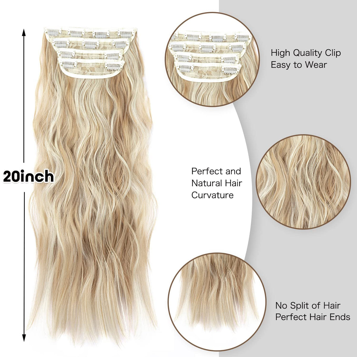 20-Inch Wavy Clip-In Hair Extensions – 4-Piece Blonde Highlight Set