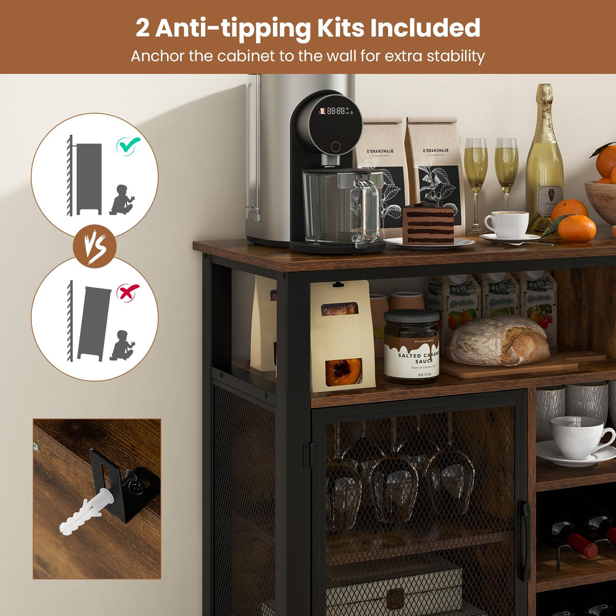 Wine Bar Cabinet, 55-Inch Buffet Sideboard with Wine Racks & Wine Glass Holders, Coffee Station Cabinet with Metal Mesh Doors, for Kitchen, Dining Room (Rustic Brown + Black)