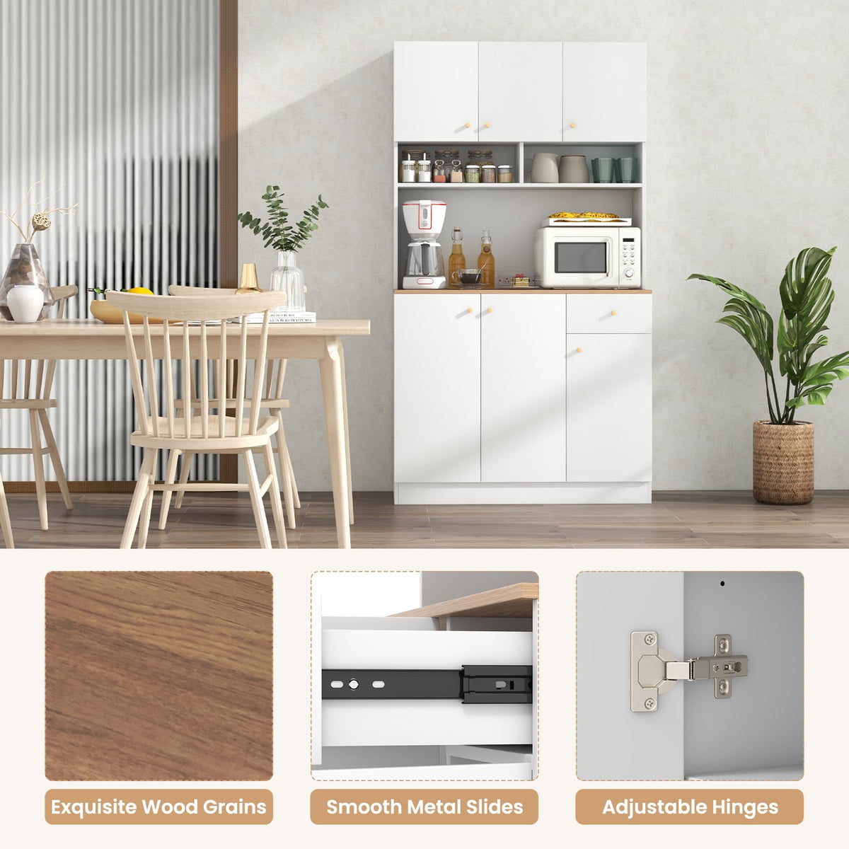 Tall Pantry Cabinet, Kitchen Cabinet with Outlets, USB Ports, Anti-Tipping Kits & 3-Position Adjustable Shelves, Freestanding Buffet Cupboard with Hutch, Microwave Cabinet Dining Room