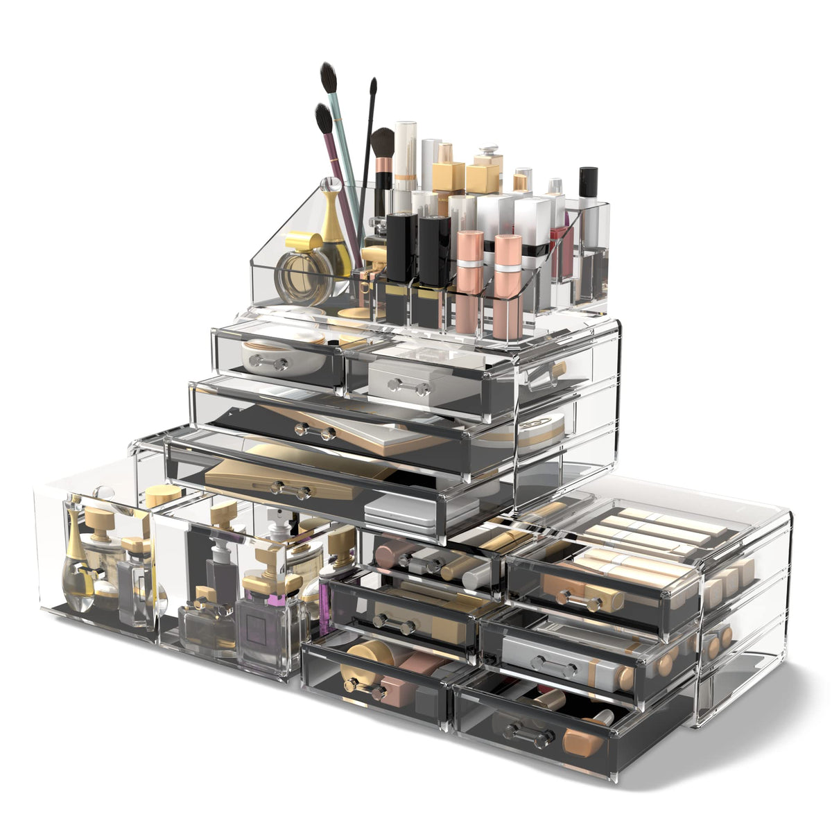 12-Drawer Stackable Makeup Organiser with 16 Top Compartments
