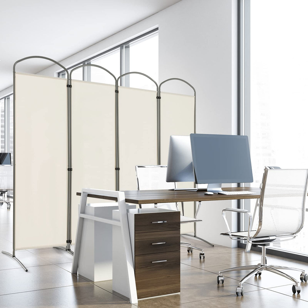 White 4-Panel Folding Room Divider – 221 × 188cm
