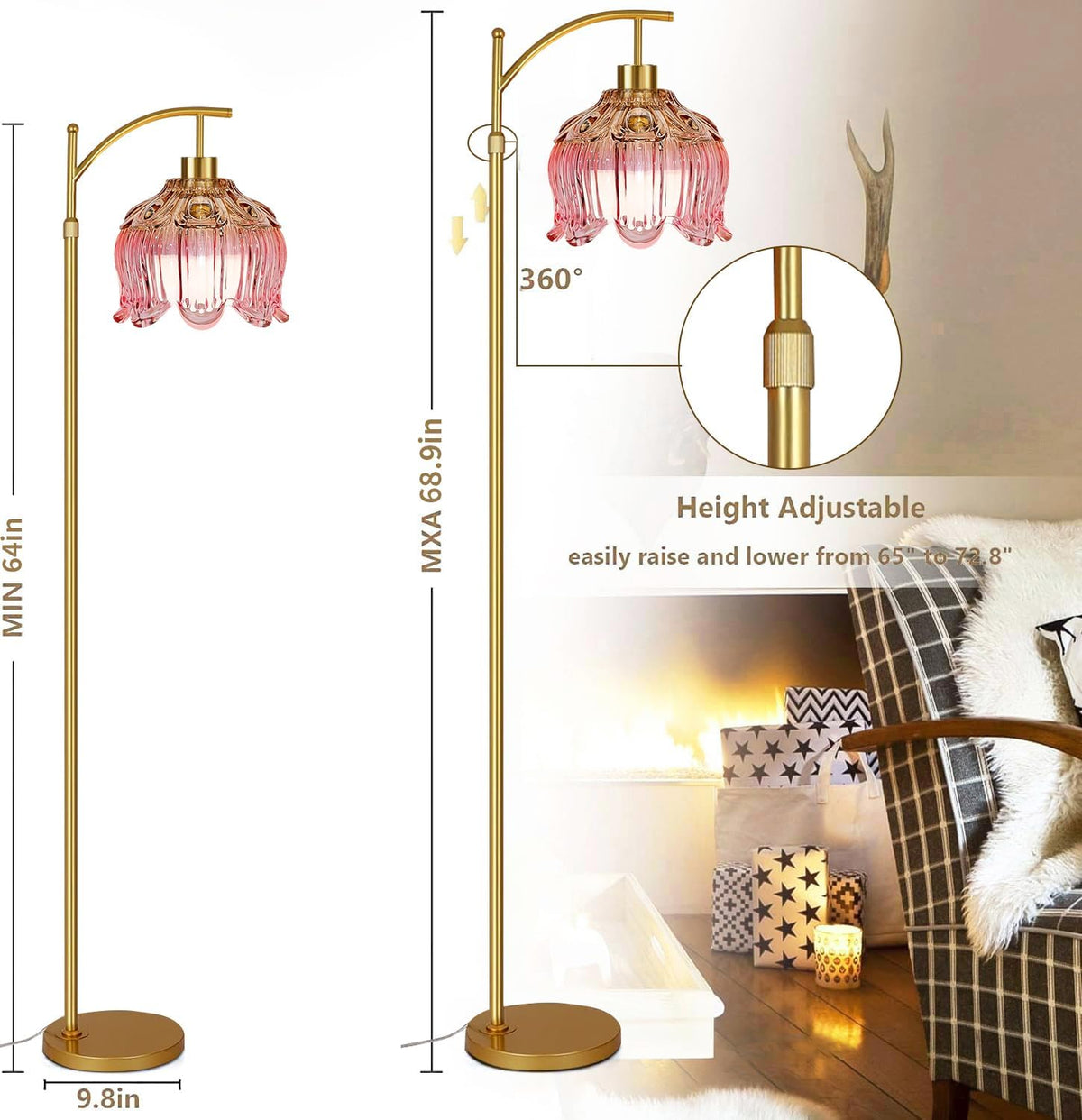 Gold Dimmable Floor Lamp with Pink Glass Shade