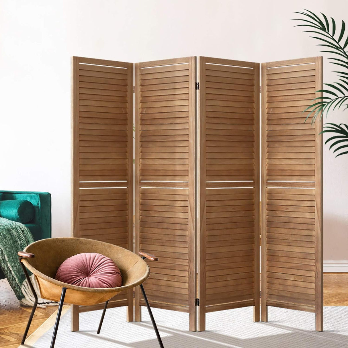 Artiss 4 Panel Room Divider, Folding Wooden Privacy Portable Screen Shelf Dividers Partition Wall Screens Home Pet Child Indoor Balcony Bedroom Furniture, Separator Water-Resistant Brown