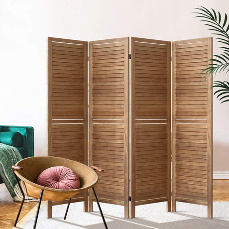 Artiss 4 Panel Room Divider, Folding Wooden Privacy Portable Screen Shelf Dividers Partition Wall Screens Home Pet Child Indoor Balcony Bedroom Furniture, Separator Water-Resistant Brown