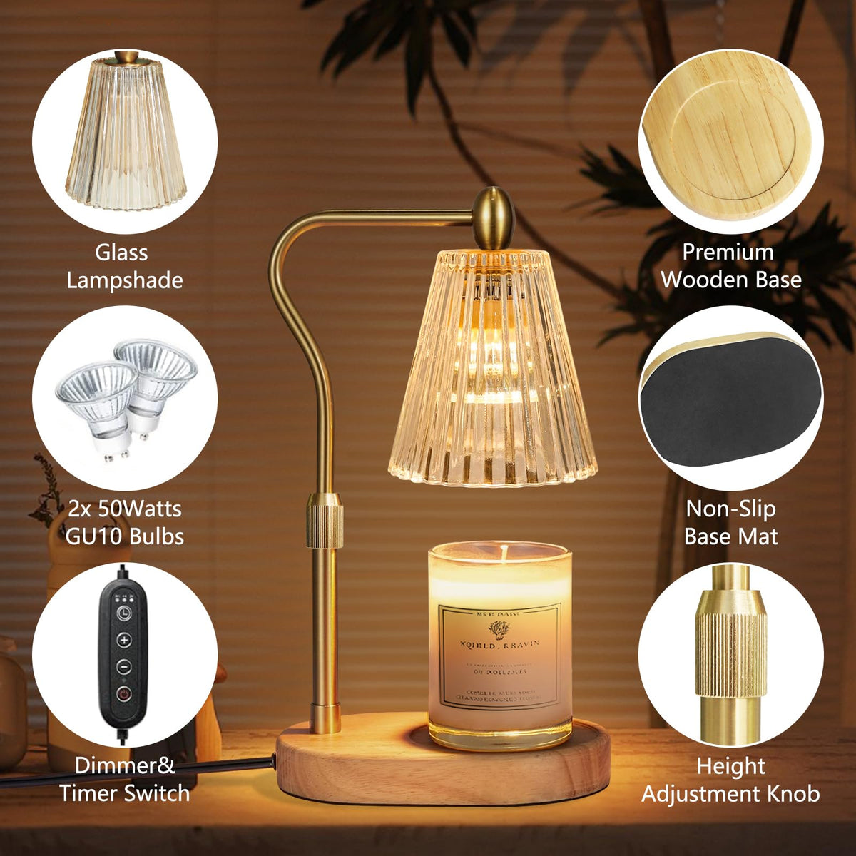 Engpure Candle Warmer Lamp - Candle Warmer Lamp with Timer and Dimmer Adjustable Height,Electric Wax Melt Warmer with 2 Bulbs for Scented Jar Candles Home Decor