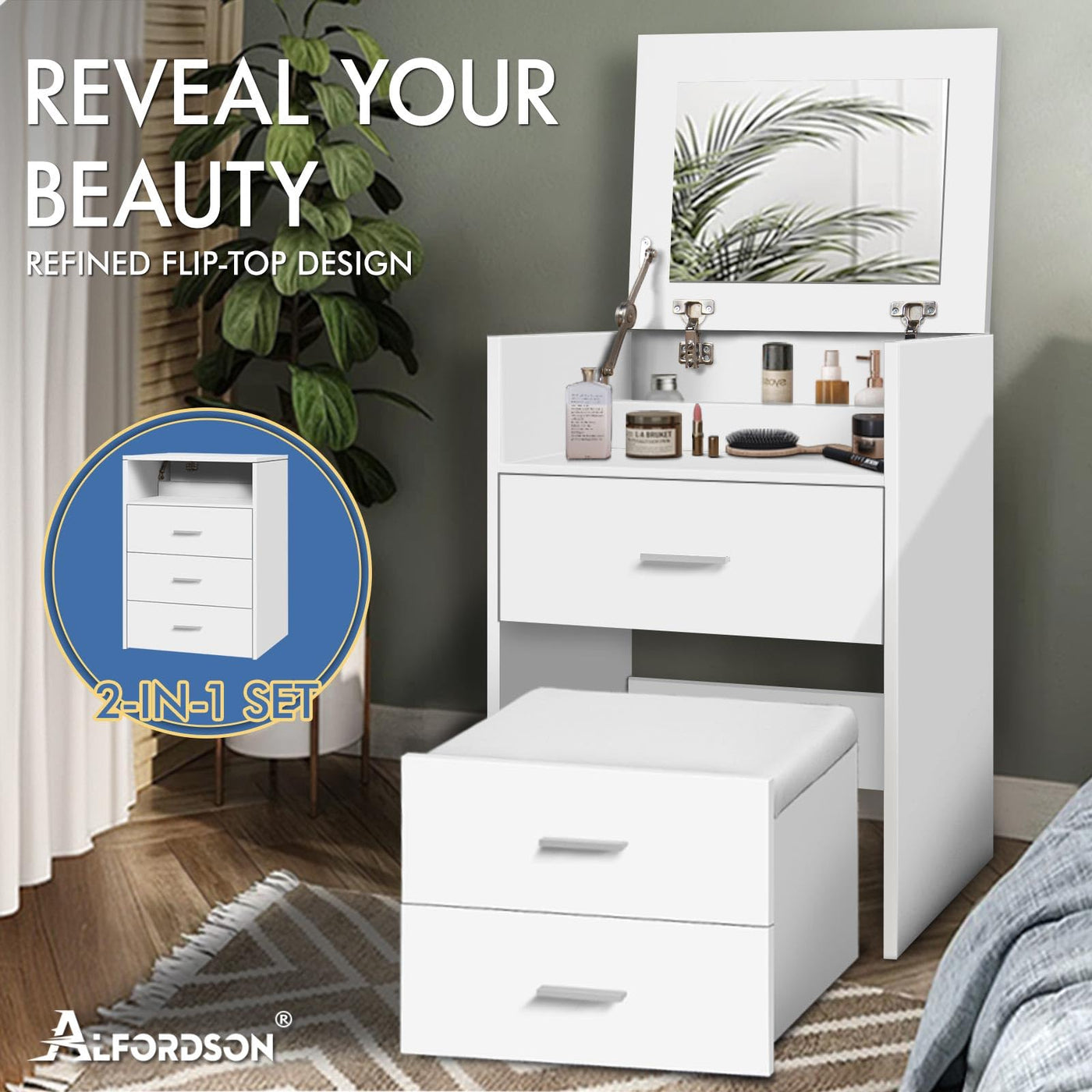 White Fold-Away Vanity Desk with Mirror, 3 Drawers & Hidden Stool