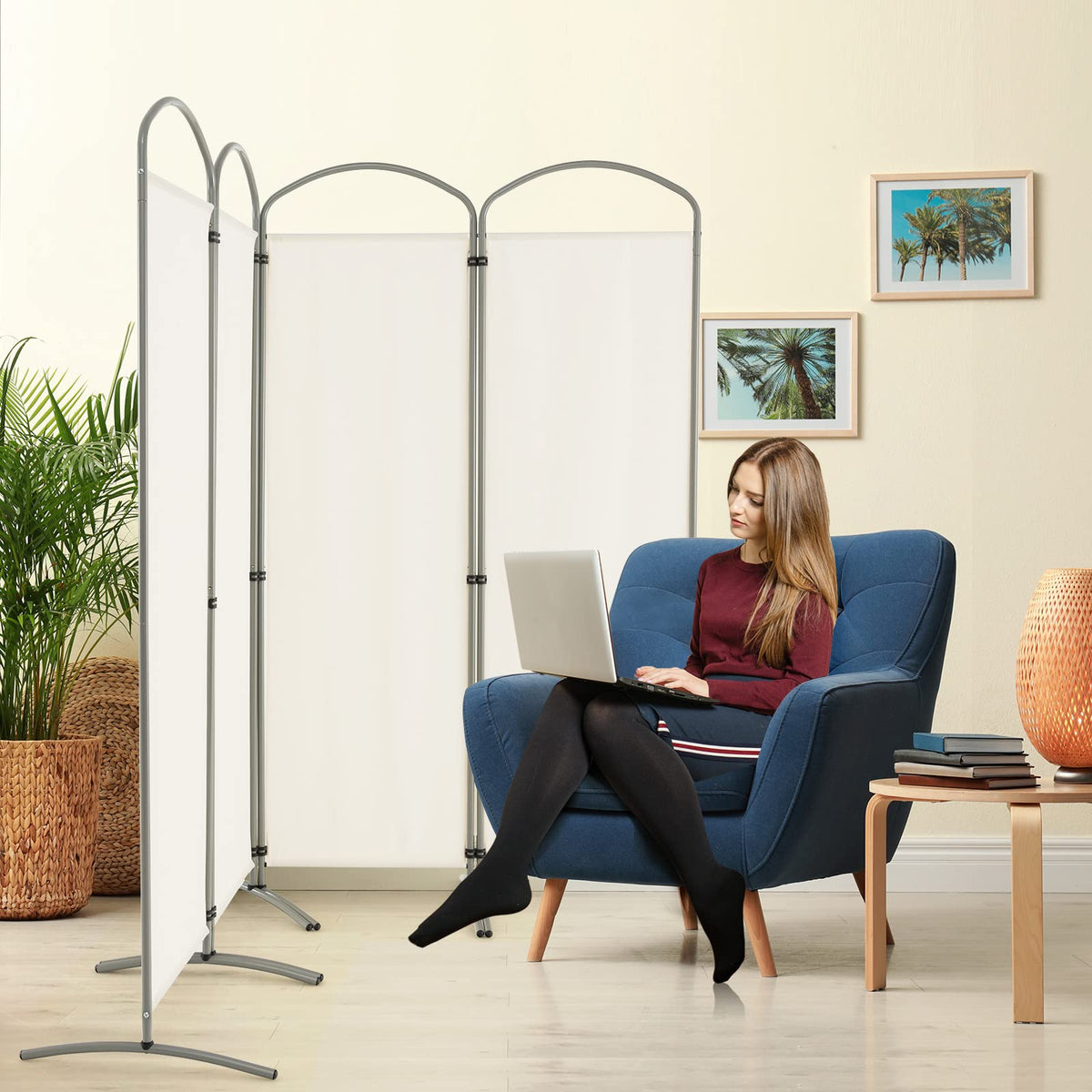 White 4-Panel Folding Room Divider – 221 × 188cm