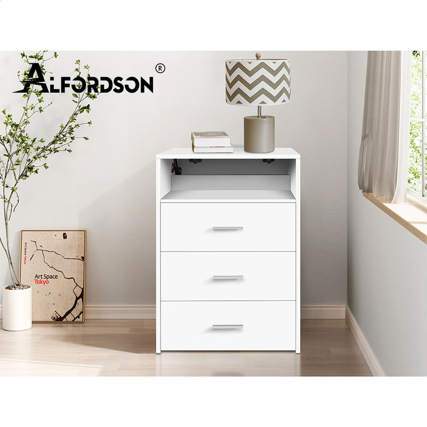 White Fold-Away Vanity Desk with Mirror, 3 Drawers & Hidden Stool
