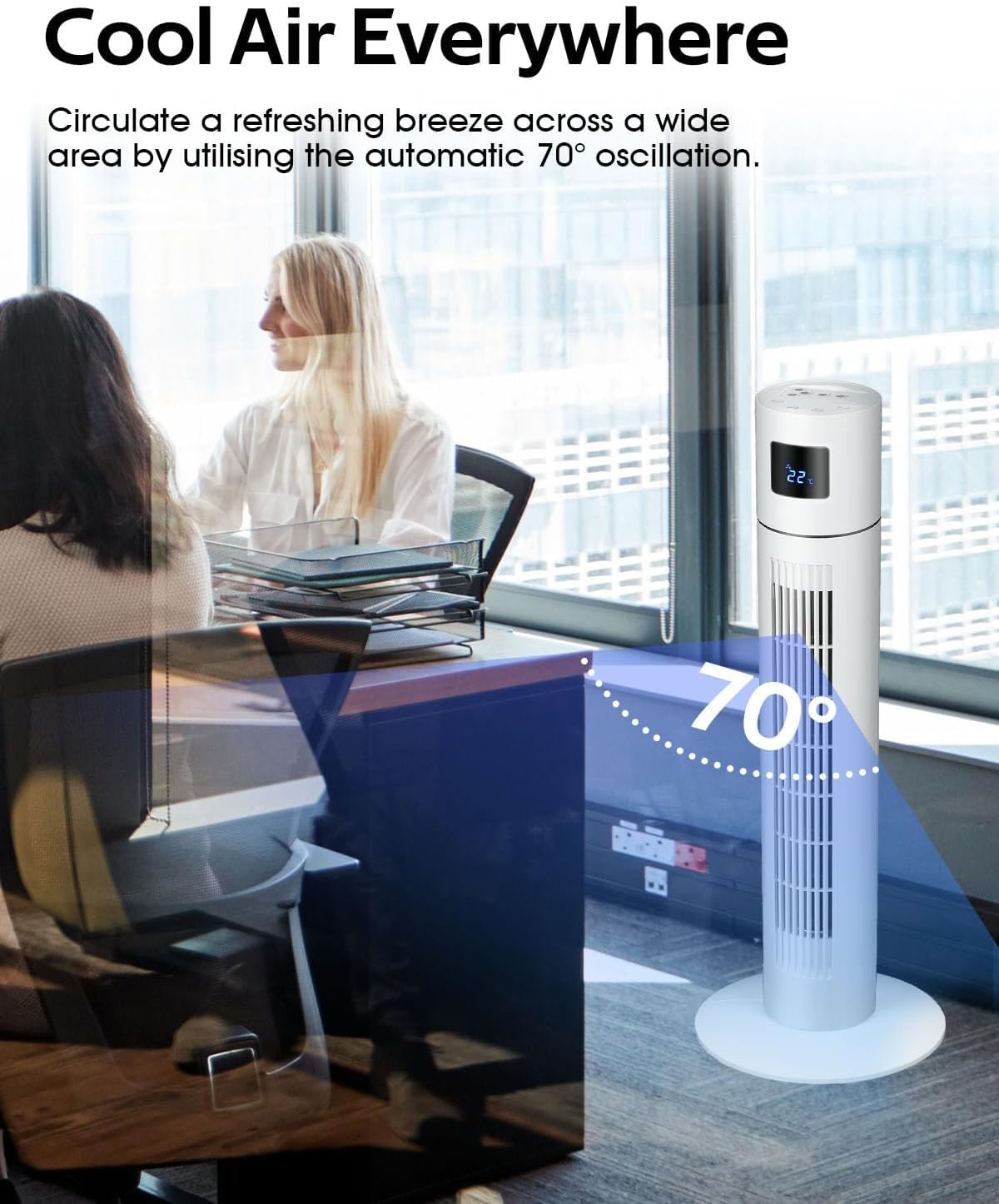 Tower Fan Portable Floor Fan Electric Cooling Fans with 3 Speed, 12H Timer, 70° Oscillating, LED Digital Display for Bedroom Home Office, White