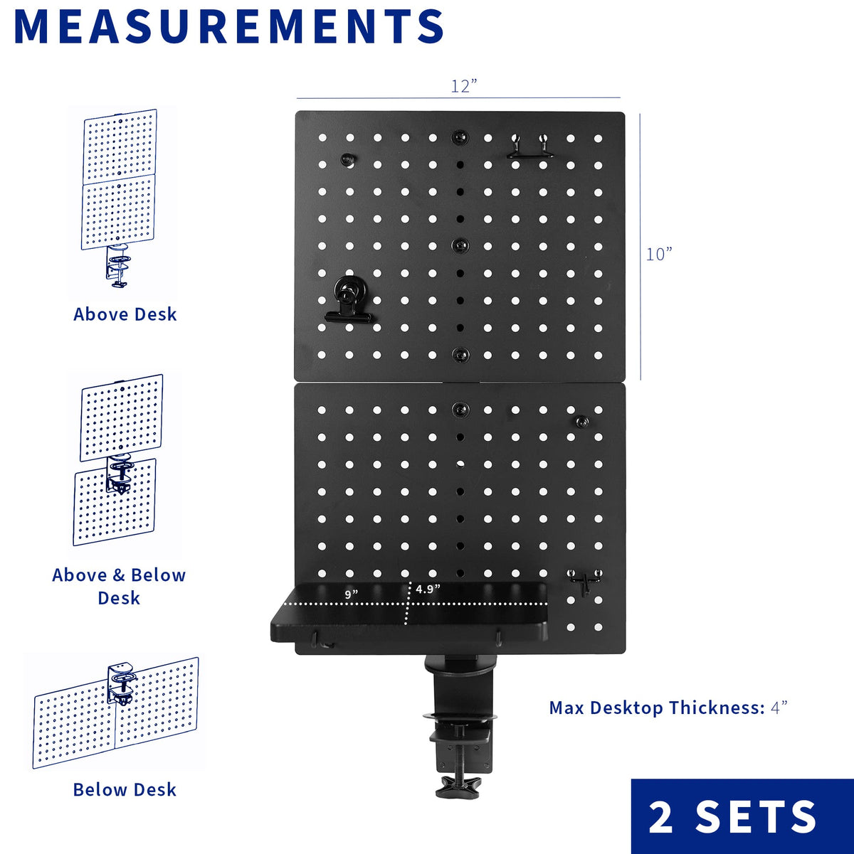 61 × 51 cm Black Clamp-On Steel Desk Pegboard & Privacy Panel