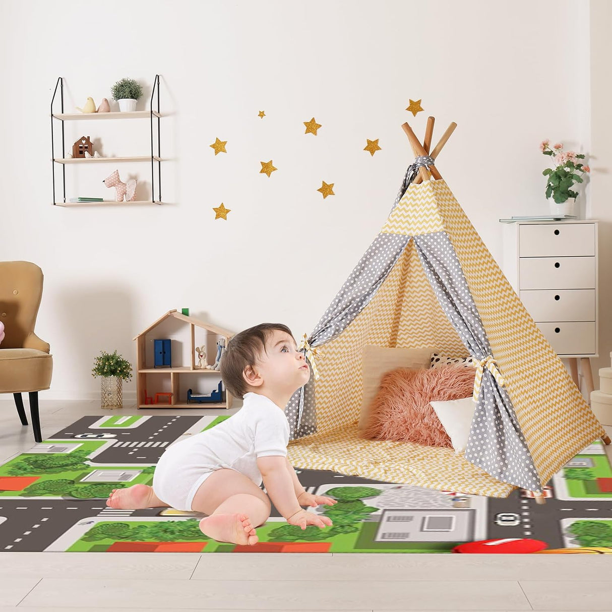 Play Mat Kids Rug Carpet Playmat Extra Large Learn Have Fun Safe Road Traffic System Multi Color Study Activity Centerpiece Play Mat for Playing with Cars for Bedroom Playroom