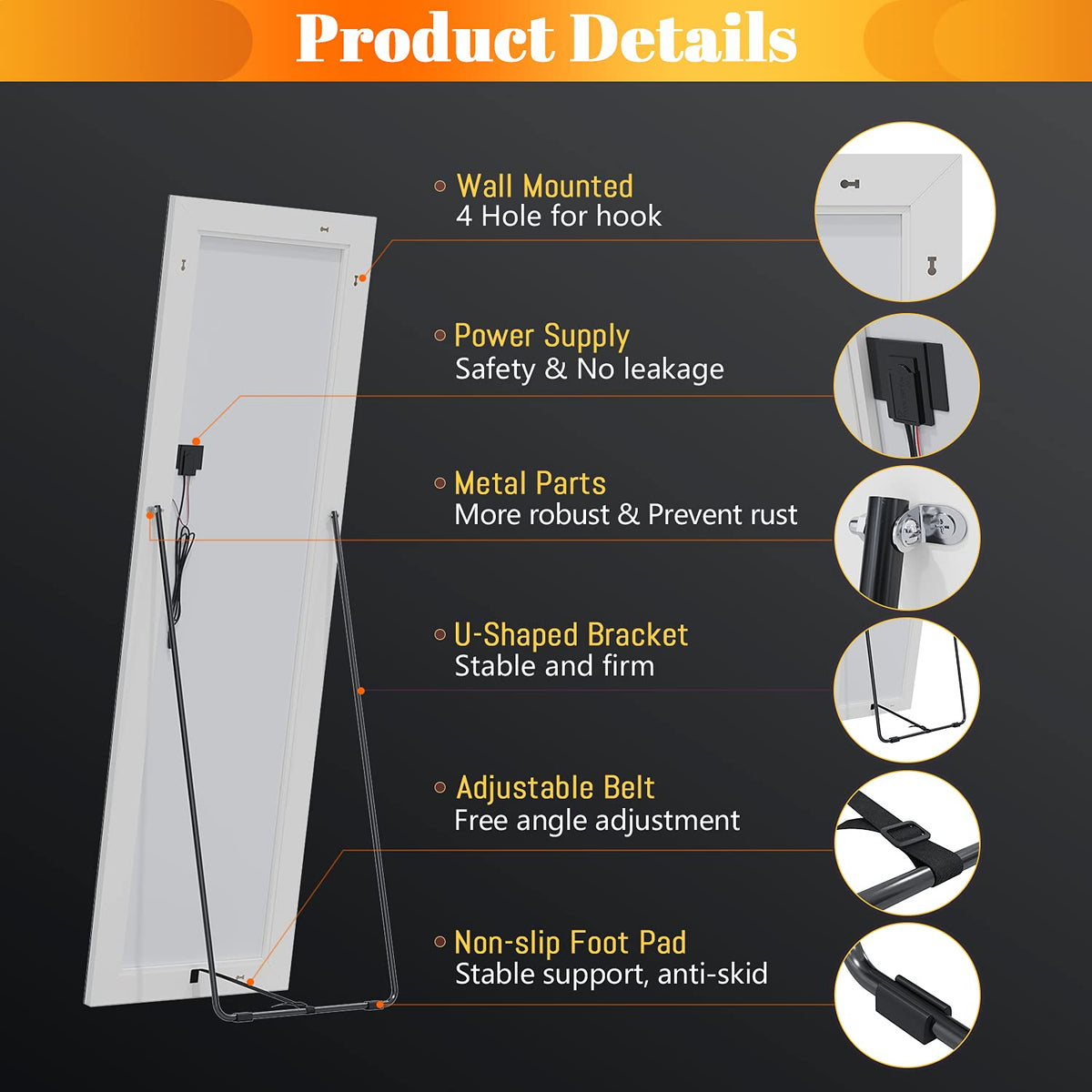 LED Full Length Mirror, 160 x 50 cm Floor Mirror with Lights, Wall Mou ...