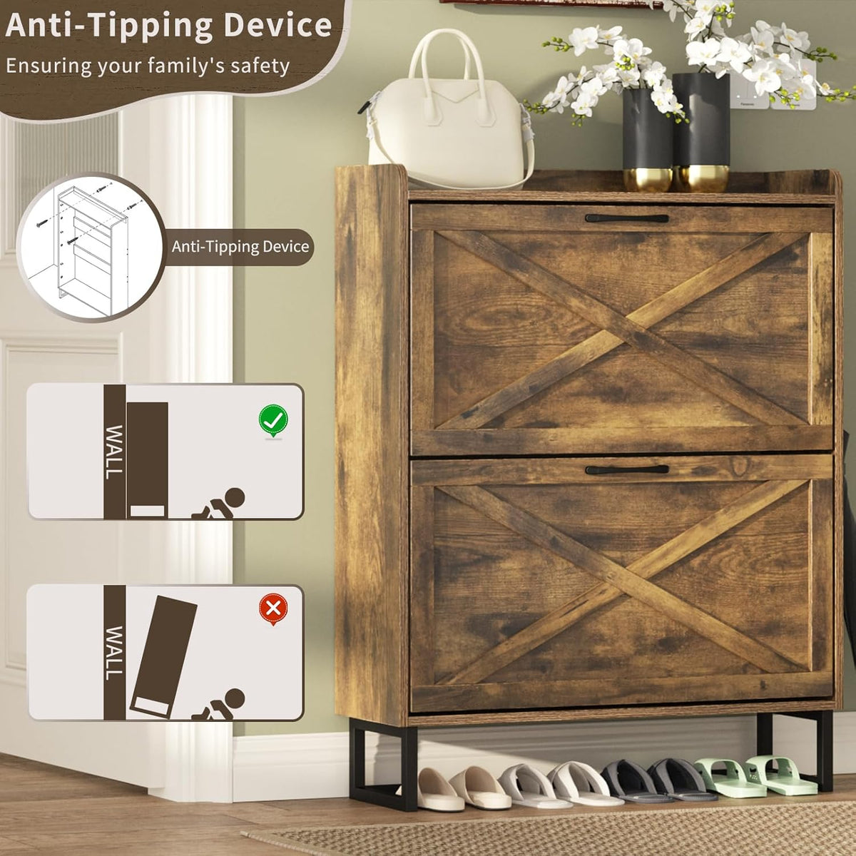 Rustic-Brown Shoe Cabinet with 2 Flip Drawers