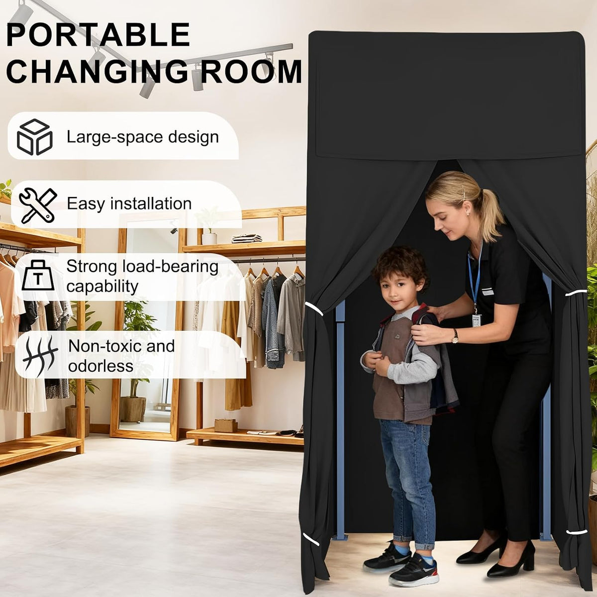 100 × 100 × 200 cm Foldable Black Fitting Room with Curtain & Hooks