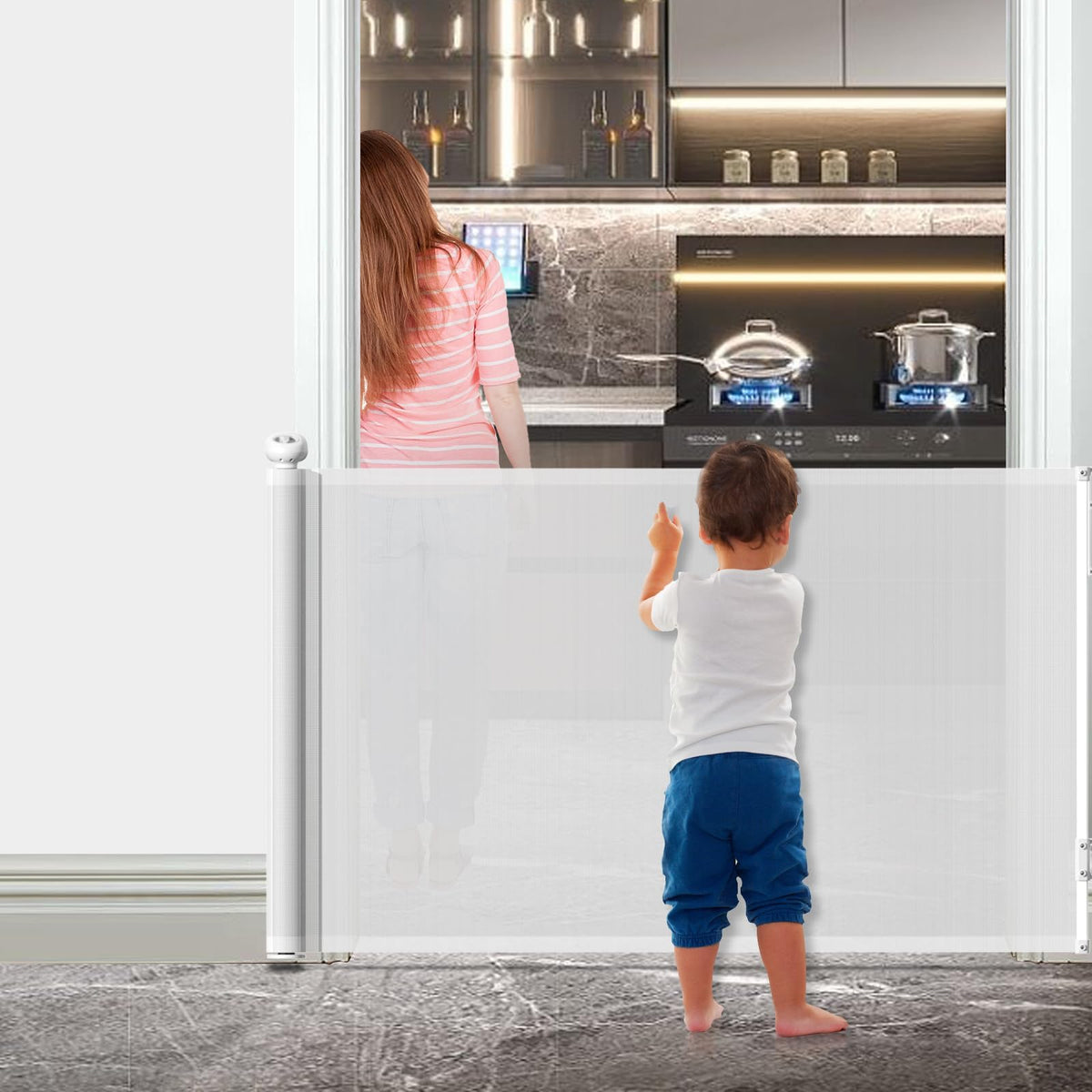Premium Retractable Baby and Pet Gate - 33"/84cm Tall, Expands up to 55"/140cm, Ensuring Safety for Kids and Pets, Mesh Safety Gate for Stairs, Indoor, Outdoor, Doorways, Hallways