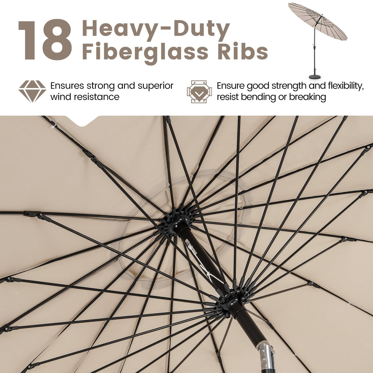 2.7 m Patio Umbrella with 18 Fibreglass Ribs, Tilt & Crank