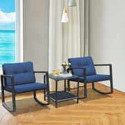 3-Piece Navy Rattan Rocking Chair & Glass Table Set
