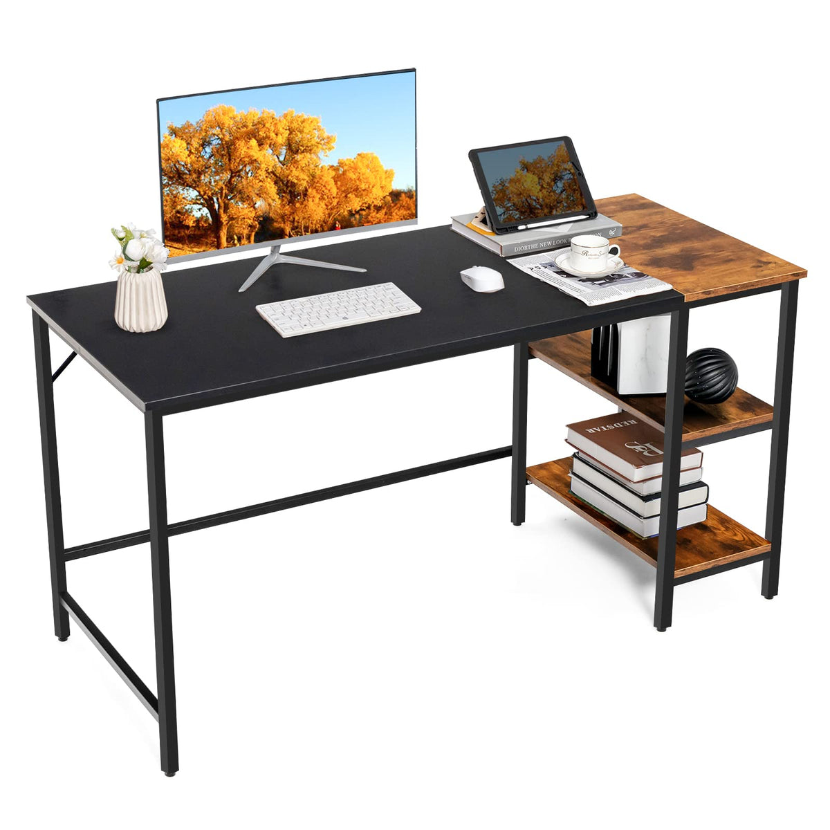 140 cm Black Computer Desk with 2-Tier Shelves