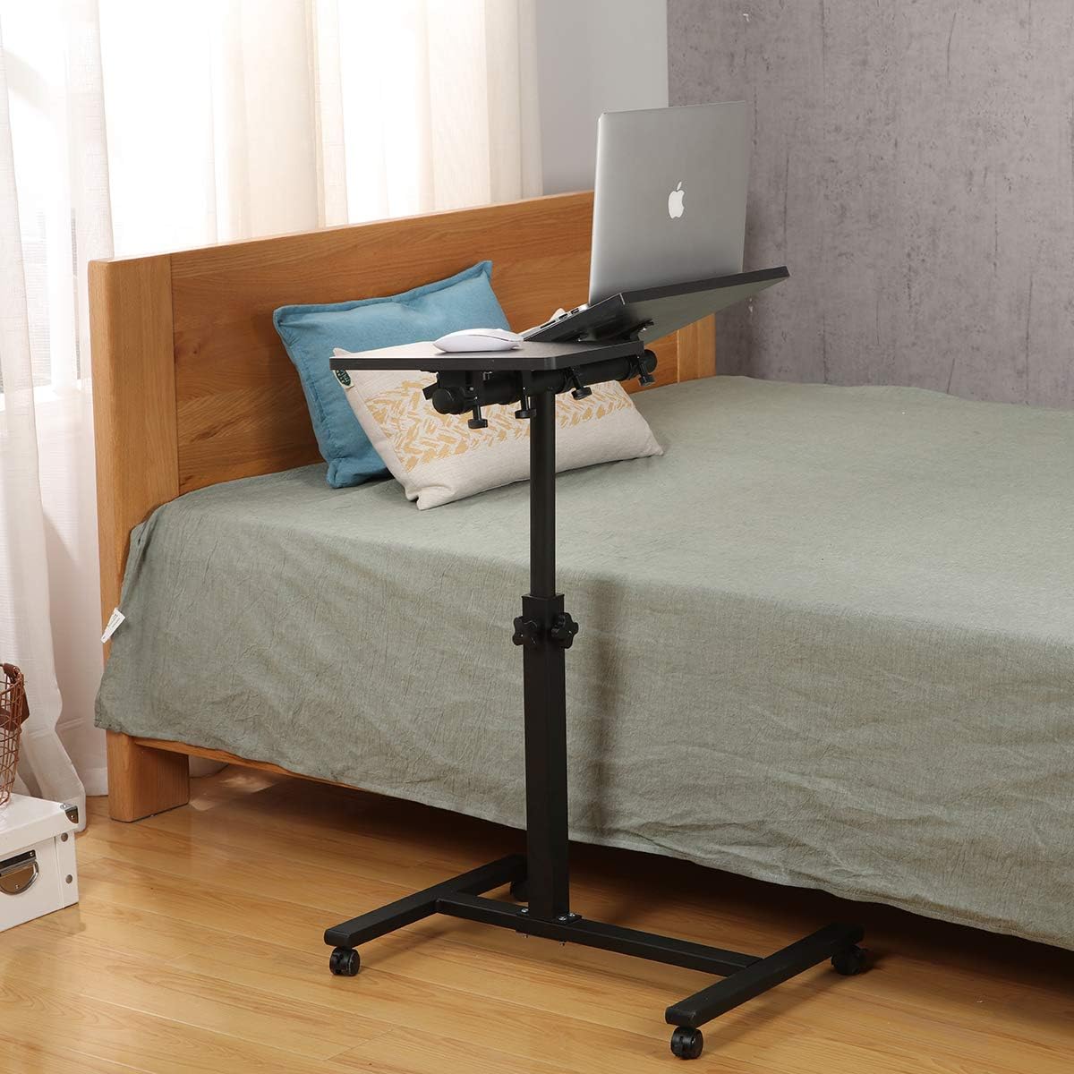 TigerDad Overbed Bedside Desk Mobile Rolling Laptop Stand Tilting Overbed Table with Wheels Height Adjustable Tray Table for Laptop Bed Sofa Side Table (Black)
