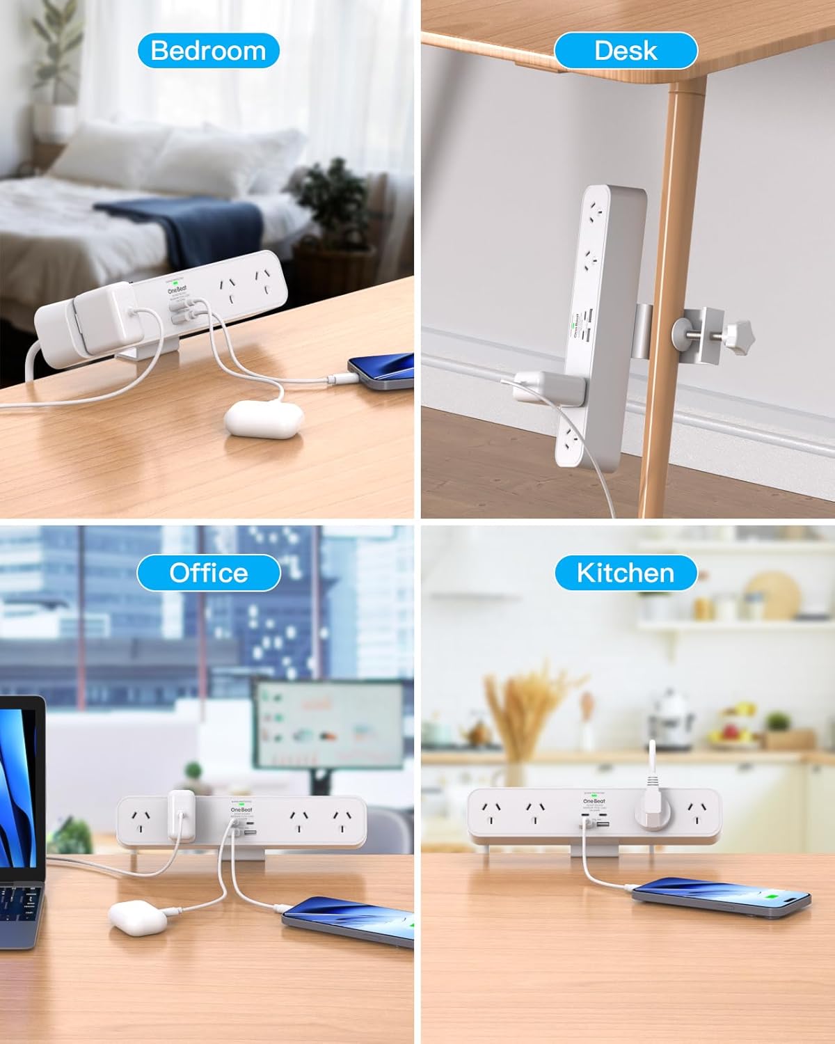 One Beat PD 30W Desk Clamp Power Board USB C,Fast Charging Station,4 Outlets with 4USB Ports(2USB C), Desktop Mounted Power Board Surge Protected,1.5M Extension Cord for Desk Accessories Home Office