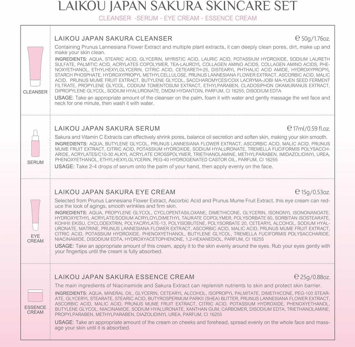 Skin Care Set JAPAN SAKURA Beauty Gift Sets Skin Care Kit with Cleanser, Serum, Eye Cream, Face Cream Travel Kit for Women Mom Wife Teen Girls Gentle Skin Cleaning TSA-friendly Sizes 4pcs