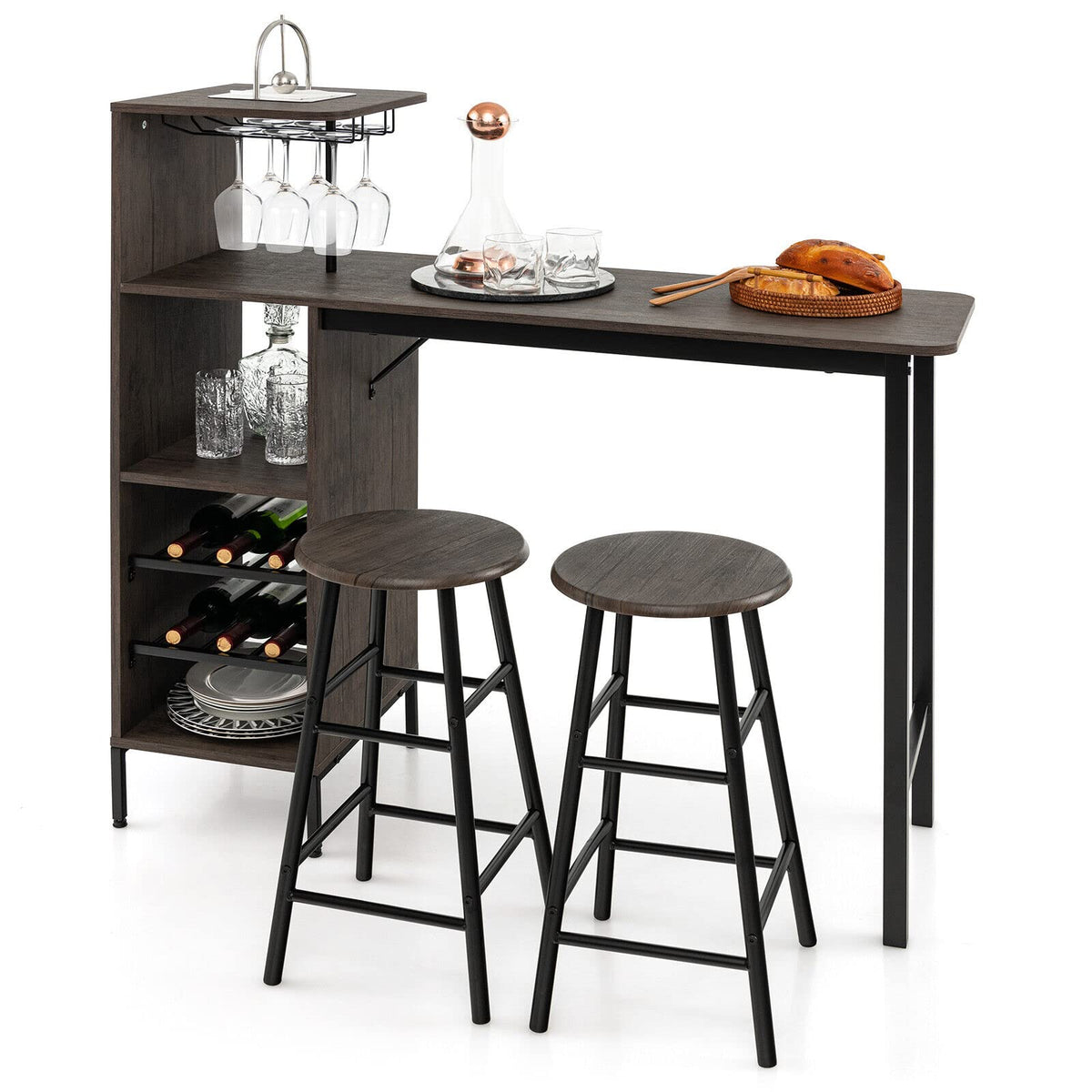 3-Piece Bar Table Set with Wine & Glass Storage