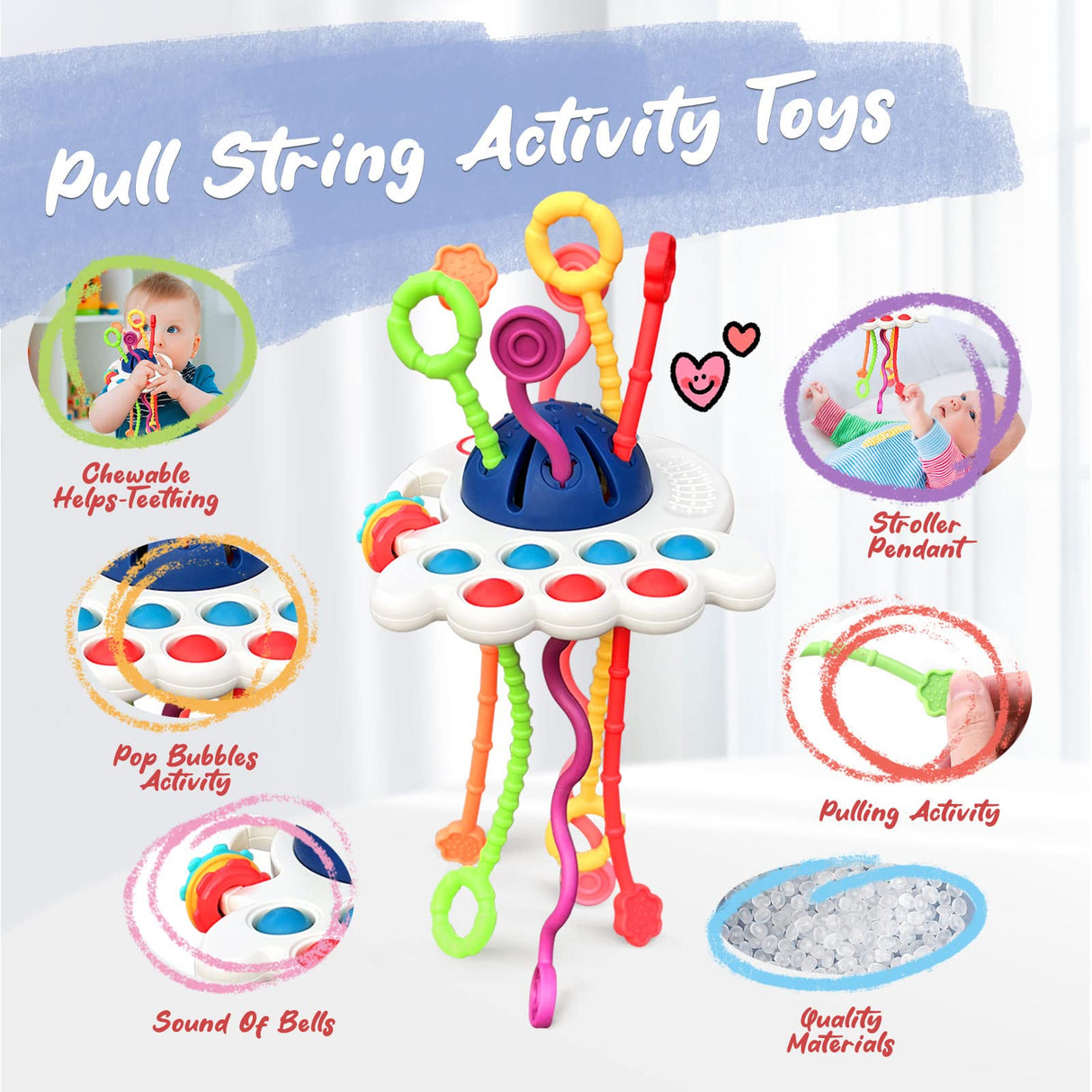 5 in 1 Baby Montessori Toys Set Include Shape Sorter Bin with Sound, Baby Tissue Box, Stacking Cups, Pull String Toy, Soft Stacking Rings, Sensory Toys for Infants Toddlers